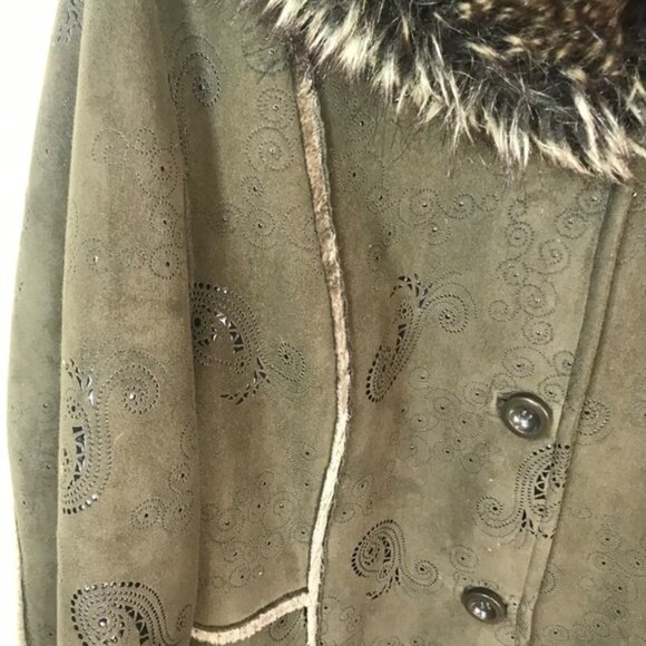 PIZAZZ  Vintage Y2K Faux Fur Shearling Hood Paisley Coat Jacket Cozy Fur Lined L - Picture 9 of 16